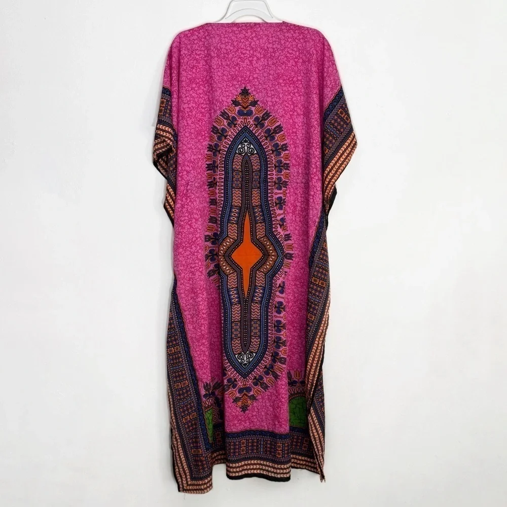 African Print Kaftan Cover up Dress With Drawstring, Pink Orange Black size S/M